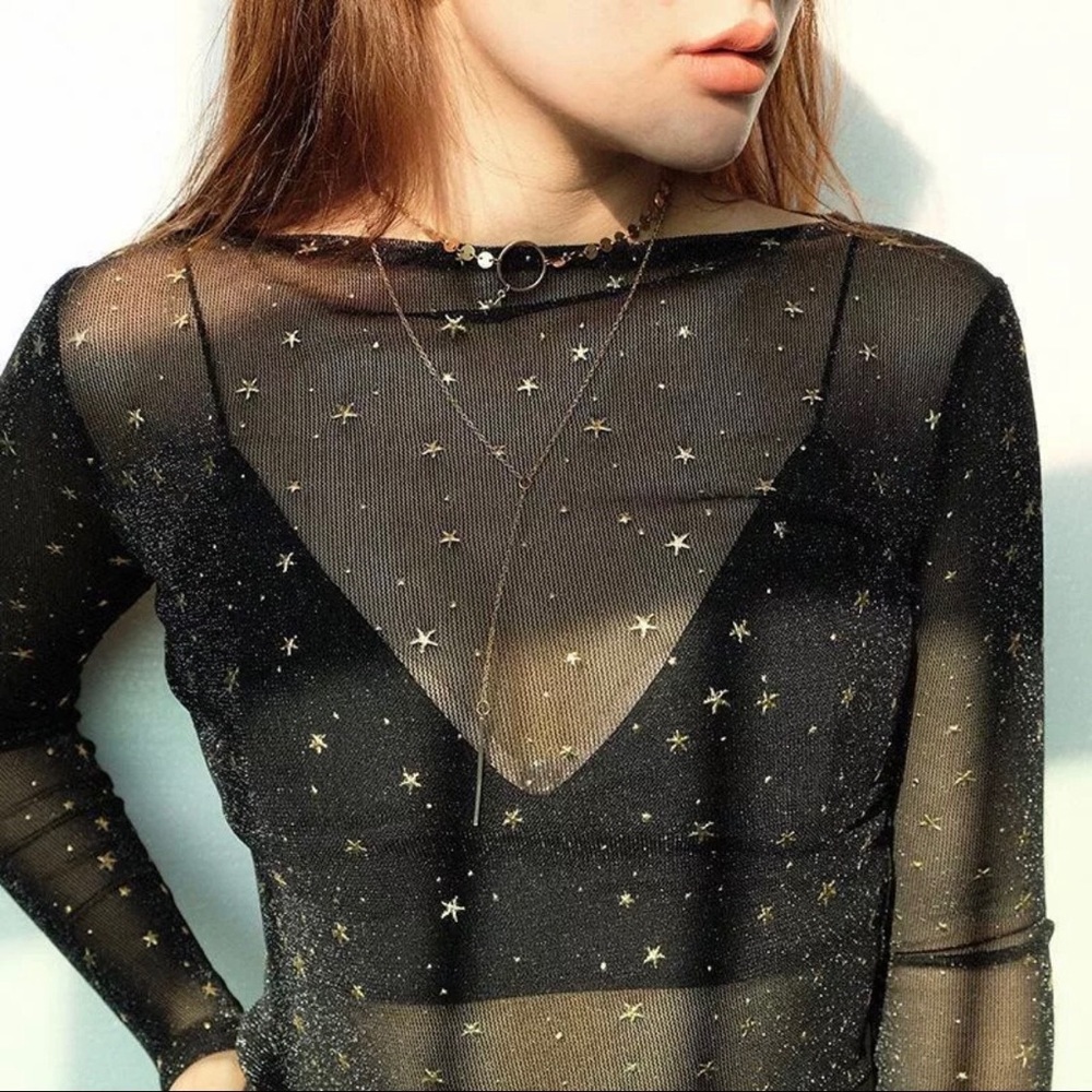 Star mesh shirt top blouse sheer transparent sexy black gold star sequins - Picture 7 of 9